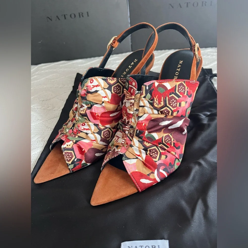 New! Natori Vibrant Patterned Slingback Satin & Leather Heels Various Sizes - Picture 3 of 13